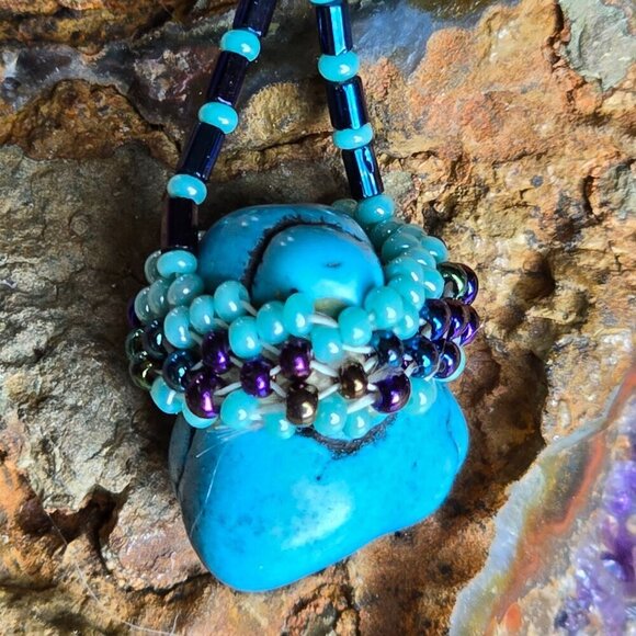Native American Jewelry - Native American Handcrafted Genuine Turquoise Pendant 28" Necklace Glass AB Bead